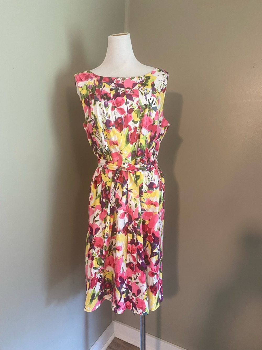 Elementz Pink, Yellow & Green Floral Midi Dress with Belt